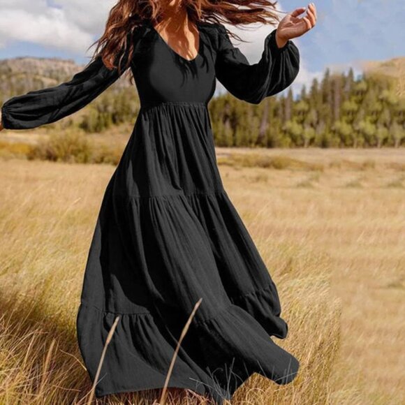 2/$40 Boho Black Flowy Tiered Maxi Swing Dress Long Sleeve Fall Plus Size XXL - Picture 5 of 5